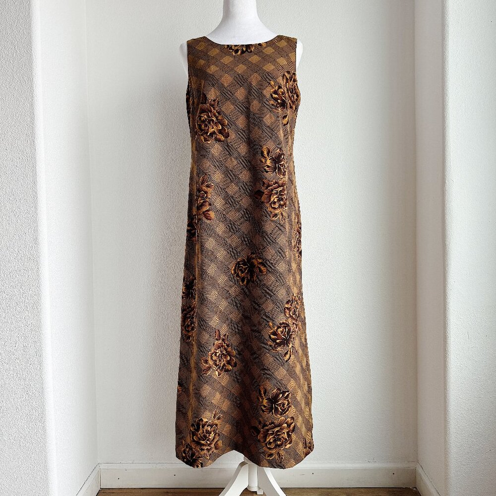 VINTAGE‎ BROWN FLORAL CHECKERED SHIFT DRESS